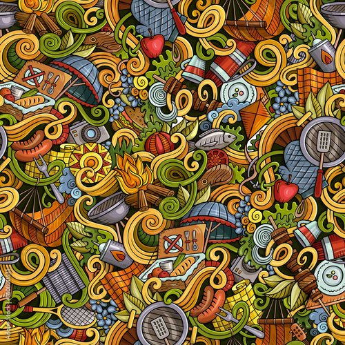 Cartoon hand-drawn picnic doodles seamless pattern