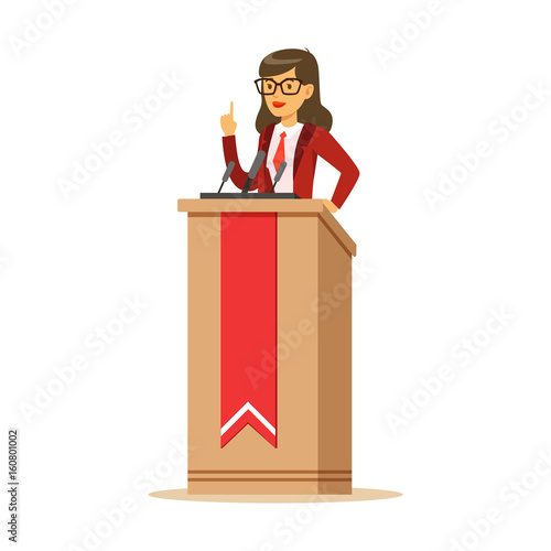 Young politician woman standing behind rostrum and giving a speech, public speaker character vector Illustration