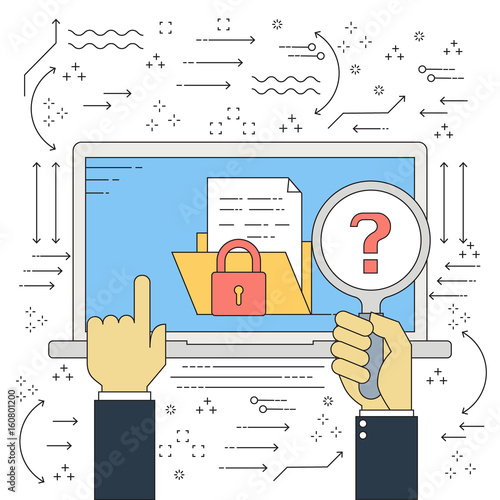 Vector flat line businessman hand with magnifying glass unknown folder data with red key lock malware ransomware virus attack. Vector illustration cybercrime and cyber security concept.