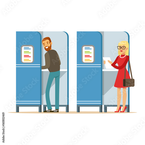 Man and woman in voting booths casting their ballots vector Illustration