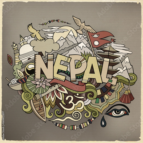 Nepal country hand lettering and doodles elements