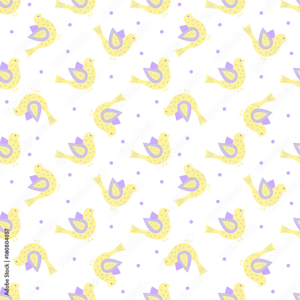 yellow and violet ornate birds with dots in the background