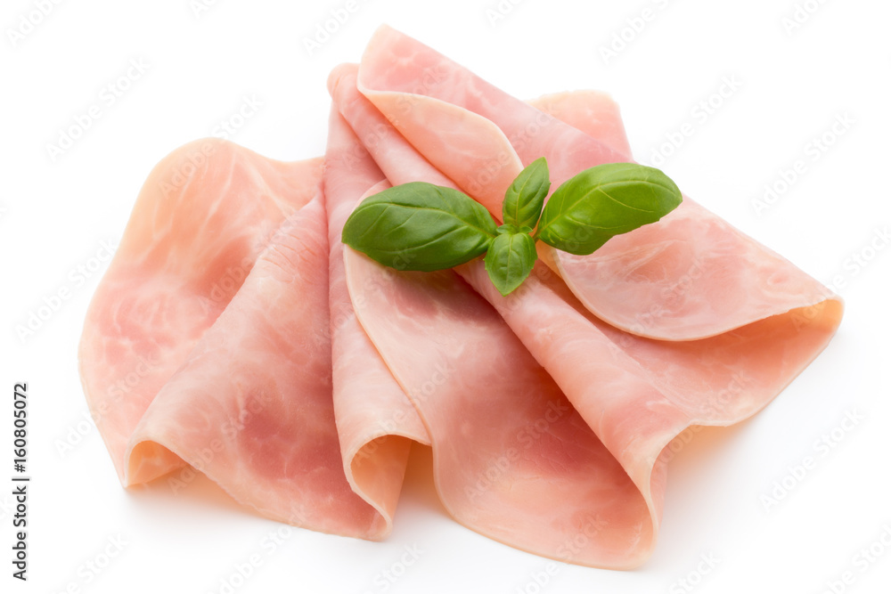 Thin slices of ham on white background. Thin slices of ham on white background.
