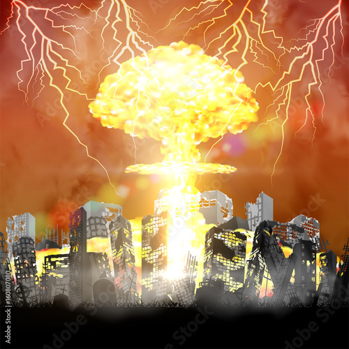 silhouette nuclear bomb over city ruined building 