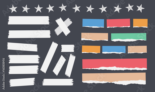 Colorful ripped notebook, copybook strips, sticky, adhesive tape stuck on black background with stars.