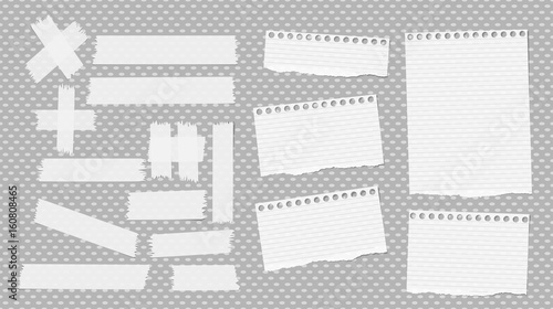 White ripped notebook, copybook sheets, sticky, adhesive tape stuck on grey dotted pattern.