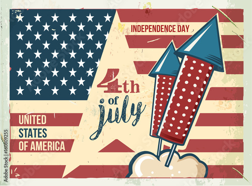 4th of July poster. Grunge retro metal sign with fireworks. Independence day. Celebration flyer. Vintage mockup. Old fashioned design.