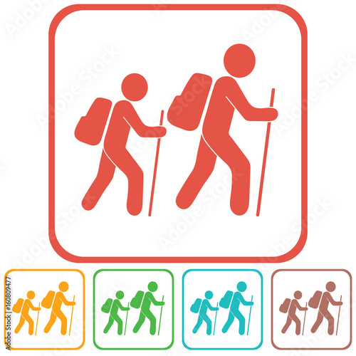 Hiking tourists with compass icon