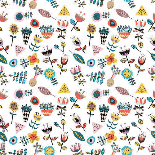 Seamless pattern with scandinavian style figures, cute flowers and leaves.