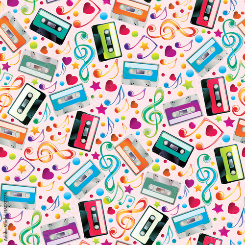 Audio cassettes and notes musical seamless pattern