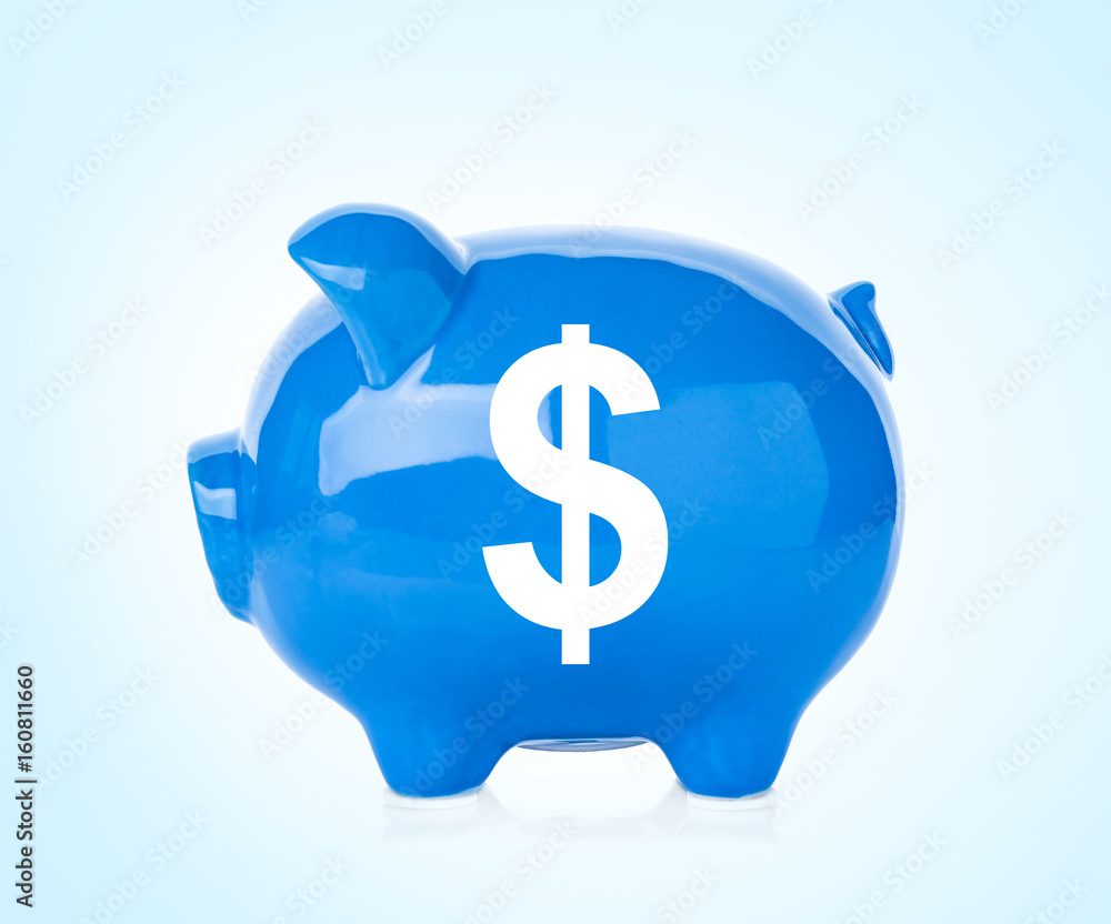 Blue ceramic piggy bank on white background Blue ceramic piggy bank on white background