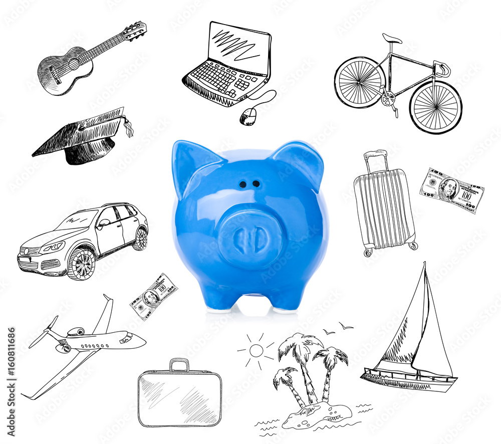 Blue ceramic piggy bank on white background Blue ceramic piggy bank on white background