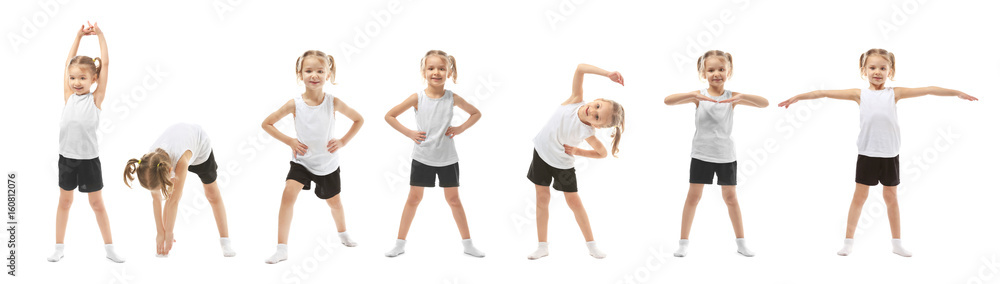 Collage of cute little girl doing gymnastic exercises on white background Collage of cute little girl doing gymnastic exercises on white background