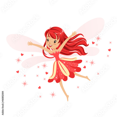 Beautiful smiling red Fairy girl flying colorful cartoon character vector Illustration
