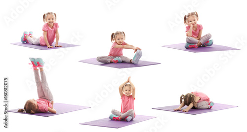 Collage of cute little girl doing gymnastic exercises on white background