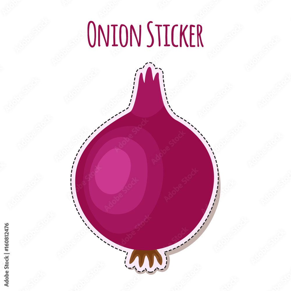 Obraz premium Onion sticker made in cartoon flat style. Label for market
