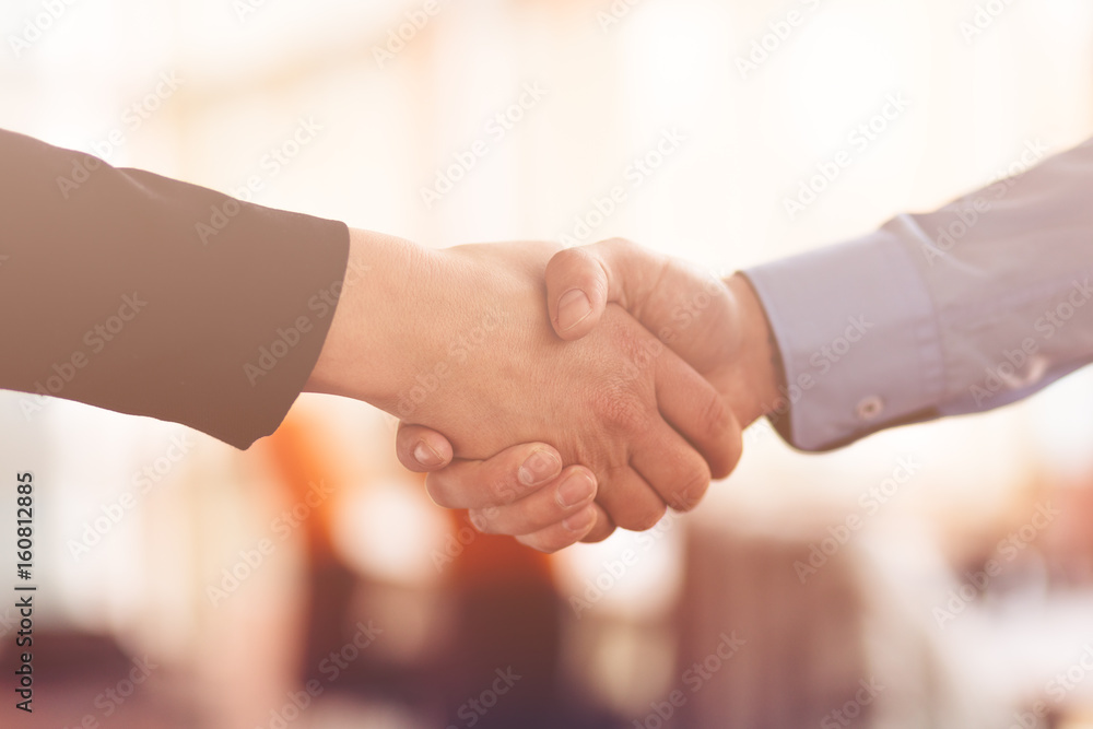 People at work: man and woman hand shaking at a meeting People at work: man and woman hand shaking at a meeting
