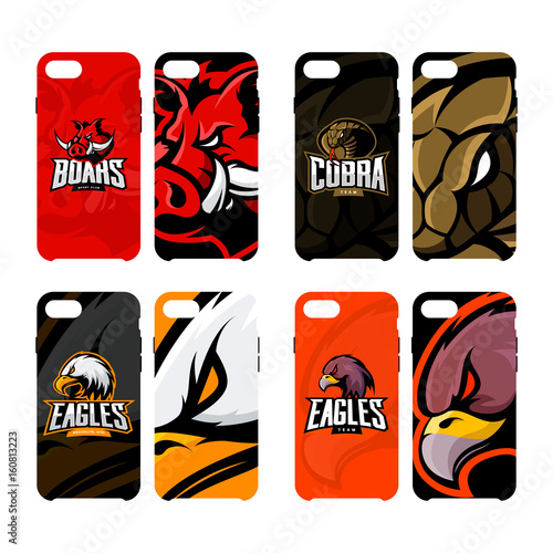 Furious boar, cobra, and eagle sport vector logo concept smart phone case. Modern professional team badge.
Premium quality wild animal, snake and bird mascot cell phone cover illustration design.