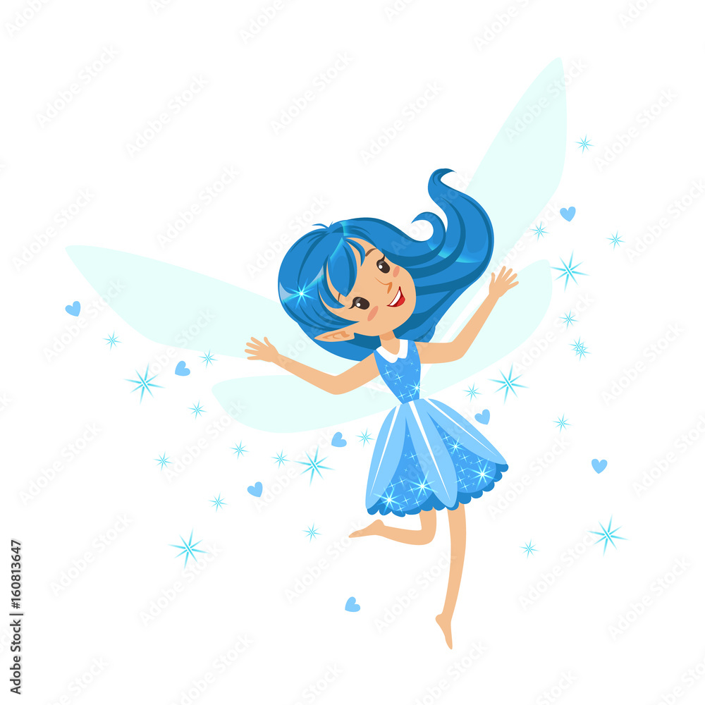 Beautiful smiling blue Fairy girl flying colorful cartoon character vector Illustration