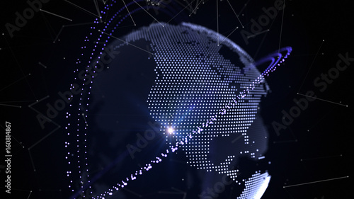 Futuristic 3D globe with ring and satellite