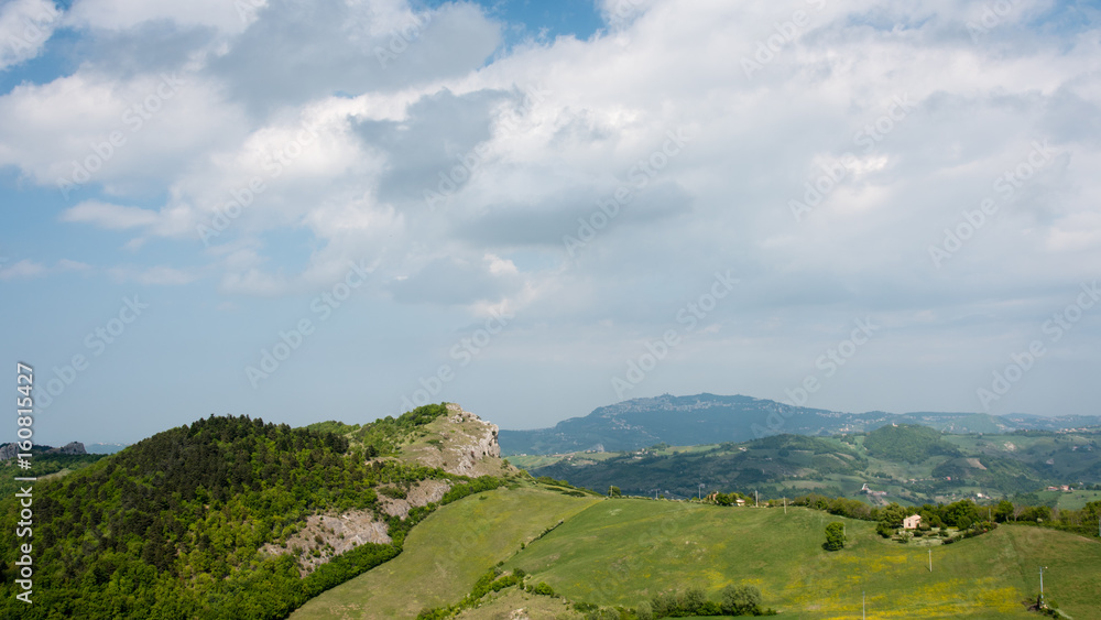 Panorama from Cagliostro fortress. Towards San Marino and Apennines. Rimini
