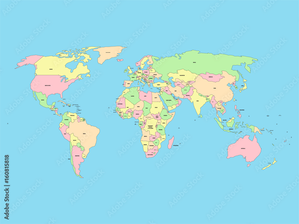 World map with names of sovereign countries and larger dependent territories. Simplified vector map in four colors on blue background.