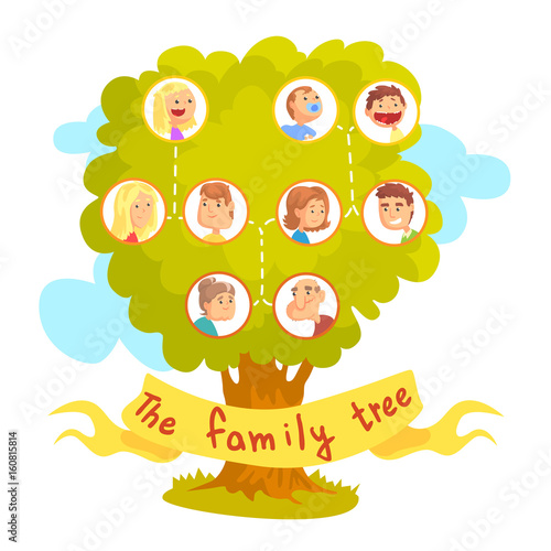 Family tree with portraits of relatives, genealogical tree vector Illustration
