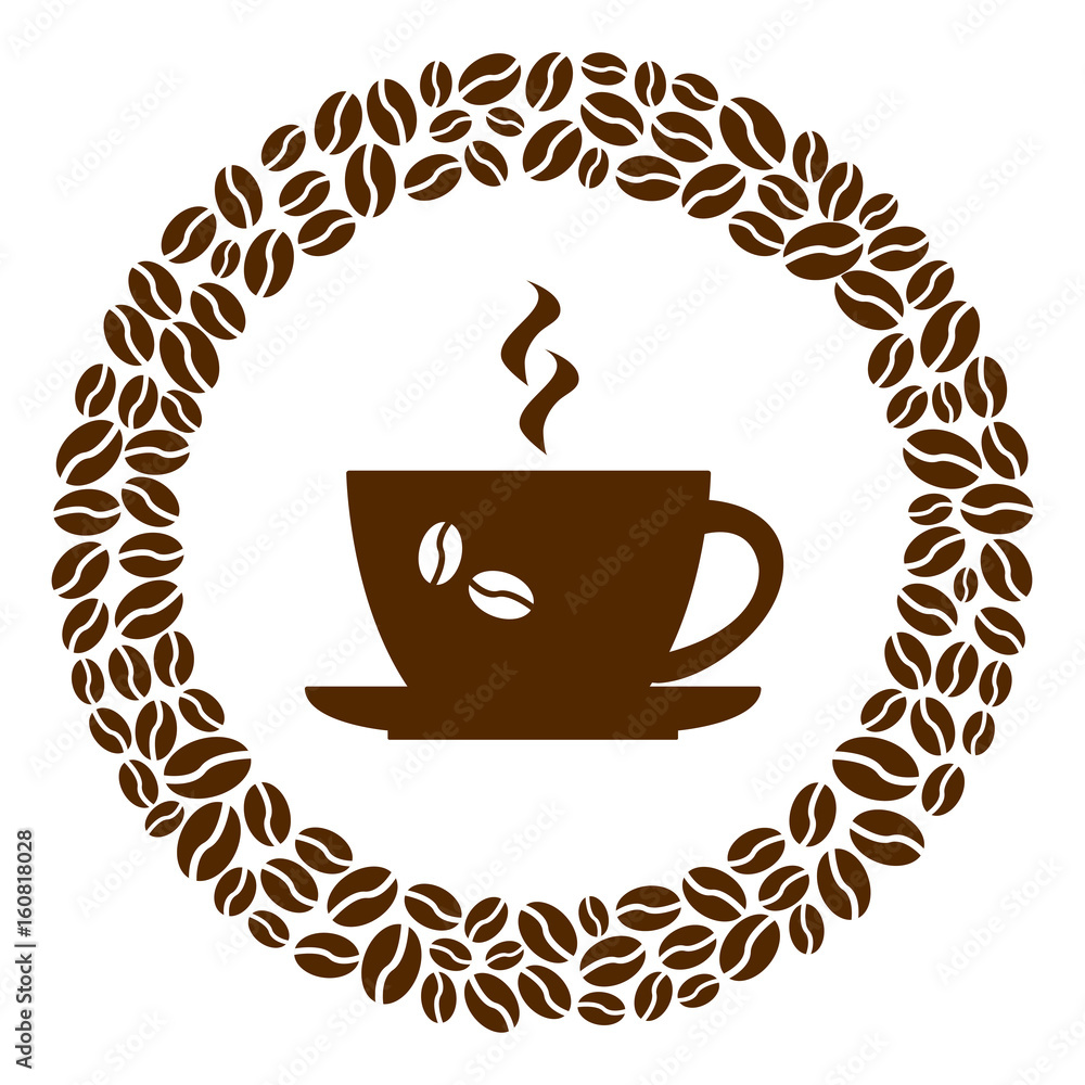 Obraz premium Cup of coffee in a circle of coffee beans, vector illustration