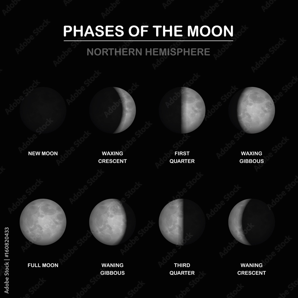 Vecteur Stock Phases of the moon chart, northern hemisphere, new and full moon, waxing and