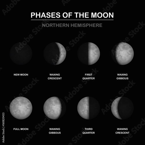Phases of the moon chart, northern hemisphere, new and full moon, waxing and waning crescent and gibbous, first and third quarter - different shapes of illuminated portions. Vector illustration.