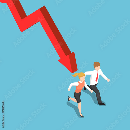 Isometric businessman runaway from falling graph.