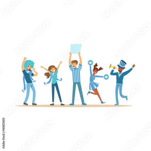Group of sport fans in blue outfit supporting their team shouting and cheering vector Illustration