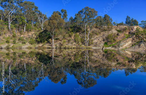 The reflected banks of the Yarra River in Melbourne  Victoria  Australia on a clear and calm blue sky day