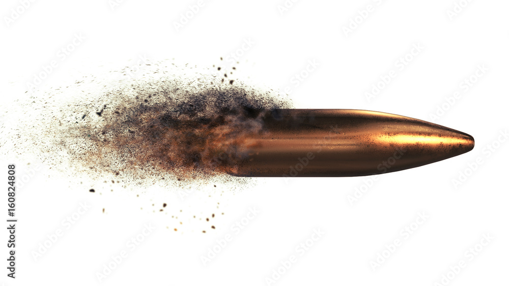 Flying bullet with a dust trail on a white isolated background - obrazy, fototapety, plakaty 