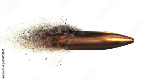 Foto Flying bullet with a dust trail on a white isolated background