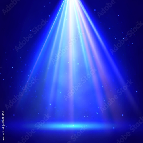 Stage illumination with spotlights. Festive scene with bright solar flash. Blue deep sea with sunshine rays and beam. Underwater scene with glowing flare. Abstract shiny background with light effects.