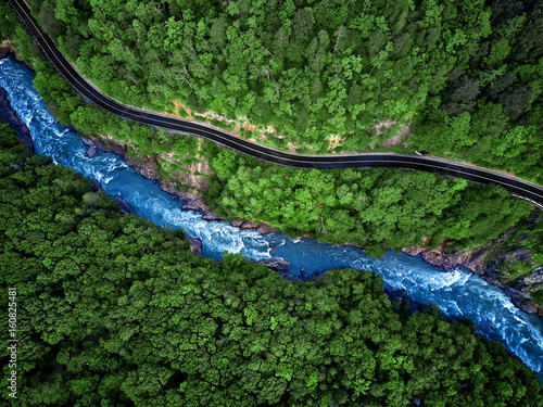 Mountain river and road aerial view photo