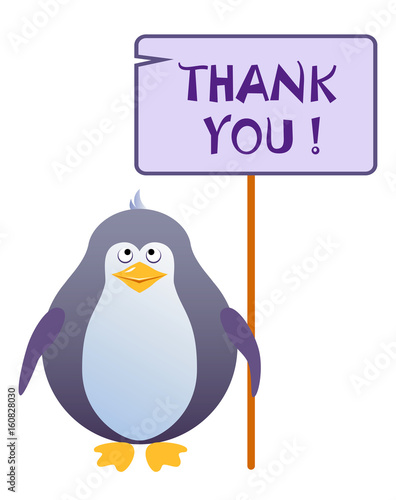 Penguin holds a sign with an inscription 