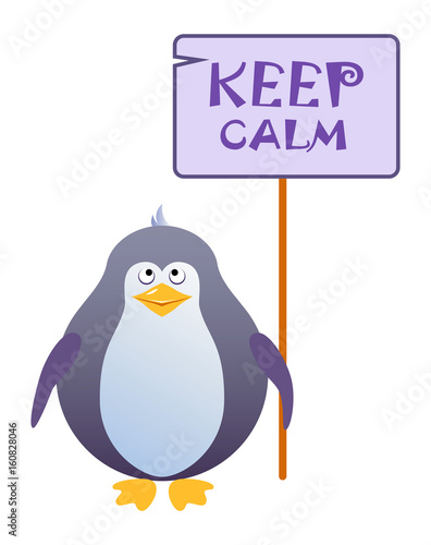 Penguin holds a sign with an inscription 
