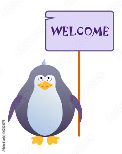 Penguin holds a sign with an inscription 