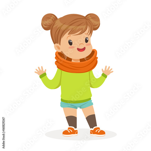 Sweet smiling little girl dressed in casual clothes colorful cartoon character vector Illustration
