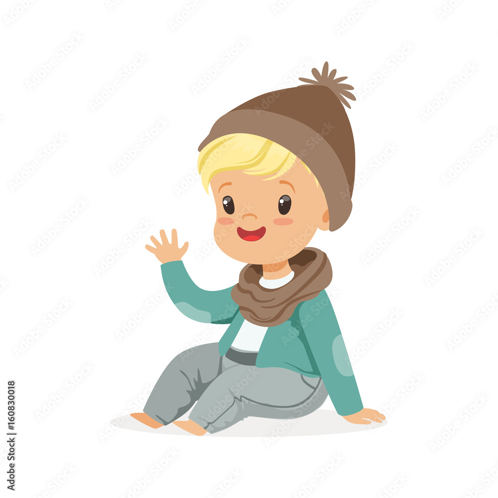 Cute little blonde boy in a brown hat and scarf sitting colorful cartoon character vector Illustration Cute little blonde boy in a brown hat and scarf sitting colorful cartoon character vector Illustration