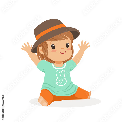 Cute little girl dressed in casual clothes and black hat colorful cartoon character vector Illustration
