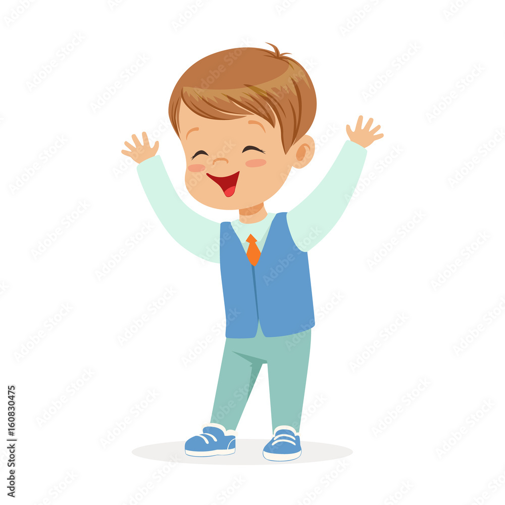 Happy smiling little boy in elegant clothes colorful cartoon character vector Illustration