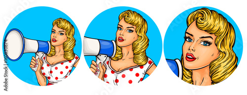 Vector illustration, womens pop art round avatar icon for users of social networking, blogs. Girl speaks in the loudspeaker