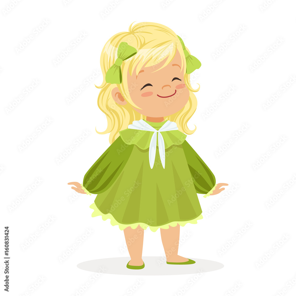 Sweet smiling little girl dressed in green dress and bows colorful cartoon character vector Illustration Sweet smiling little girl dressed in green dress and bows colorful cartoon character vector Illustration