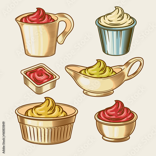 Vector illustration of an engraving style set of different sauces in saucepans. Ketchup, yogurt, sour cream, mayonnaise, mustard, tar tare sauce, vassabi closeup isolated on light background