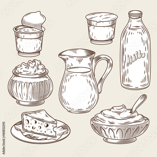 Vector illustration of a set of dairy products in the style of engraving. Black and white bottle and milk jug, sour cream, yogurt, cottage cheese, curd, cheese isolated on a light background