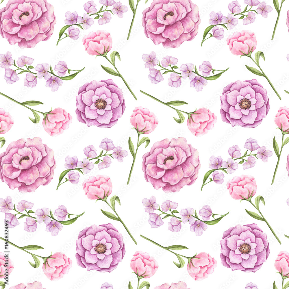 Hand Drawn Seamless Pattern of Watercolor Little Flowers