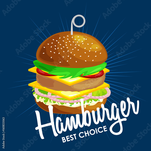tasty burger grilled beef and fresh vegetables dressed with sauce in bun for snack or lunch  hamburger is classical american fast food meal usual menu could be barbecue meat bread tomato cheese